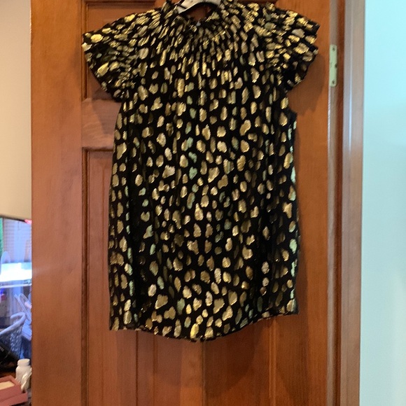 Rebecca Taylor metallic dot ruffle cap sleeve back zip gold/black blouse M - Picture 1 of 4